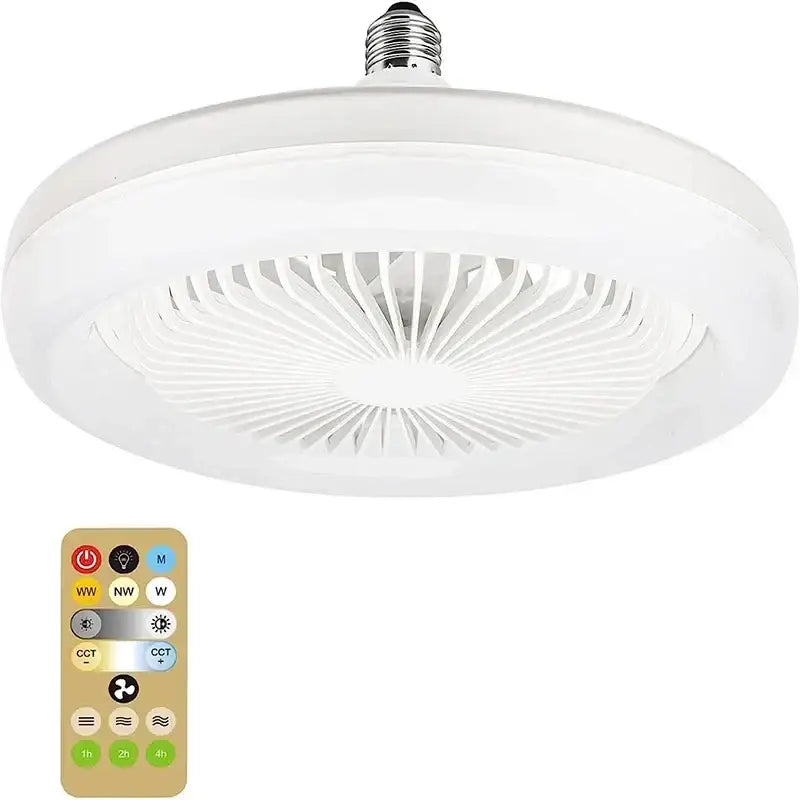 Modern white circular ceiling fan with remote control for bedroom