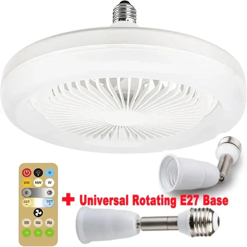 Modern white circular ceiling fan with remote control for bedroom