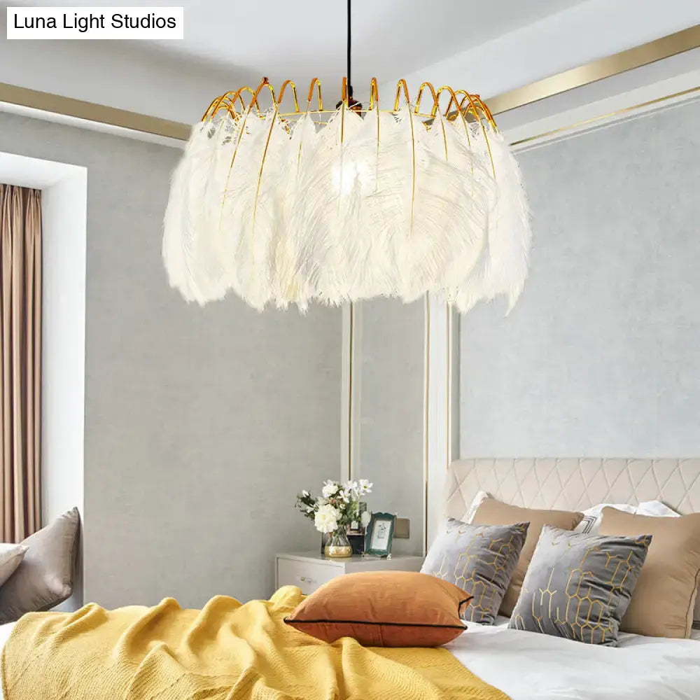 Modern white feather chandelier gold wire living room pendant light