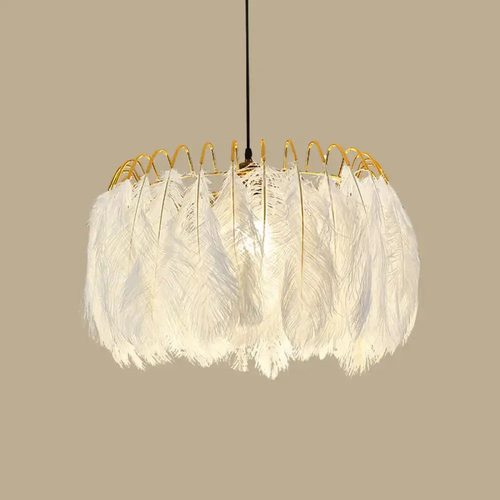 Modern white feather chandelier gold wire living room pendant light