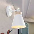 Modern white finish bedside sconce with conical shade, wooden accent, adjustable arm, compatible with e26 e27 bulbs