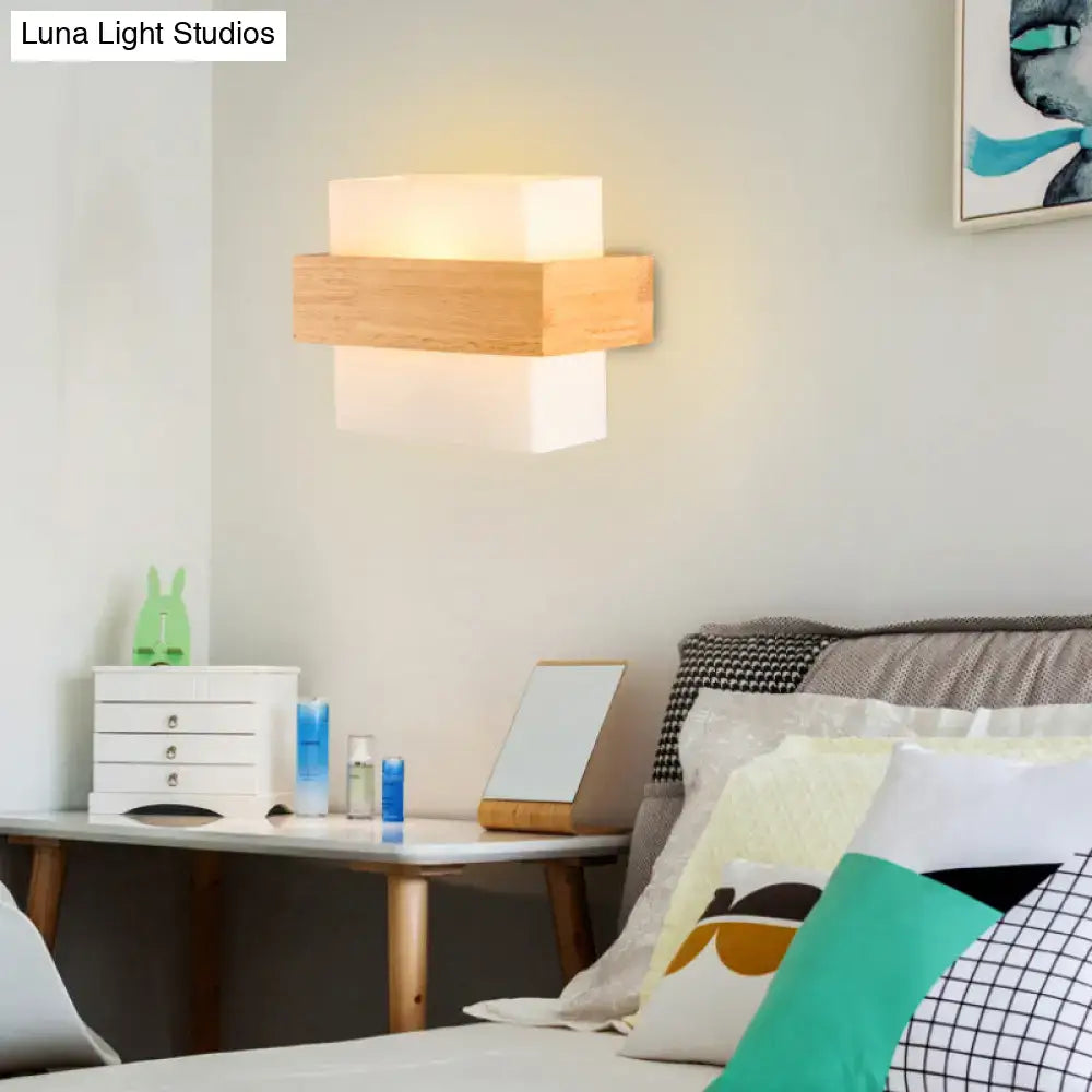Modern white glass and wood wall light bedroom sconce