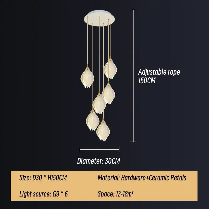Modern white & gold leaf ceramic led staircase pendant light dining room