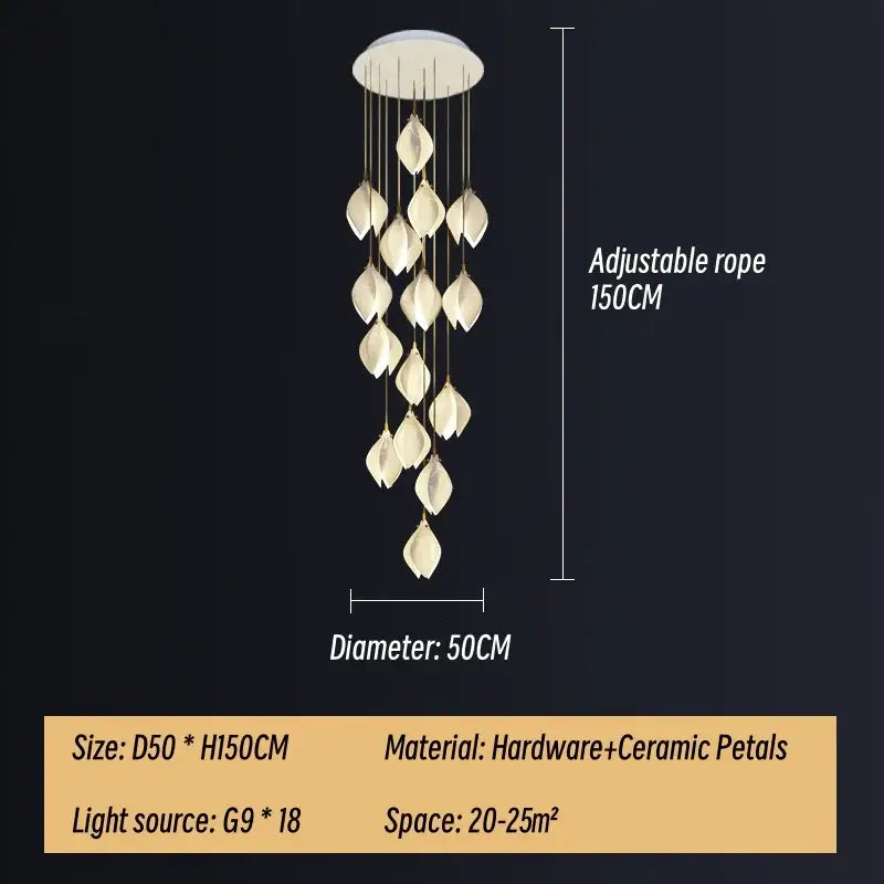 Modern white & gold leaf ceramic led staircase pendant light dining room