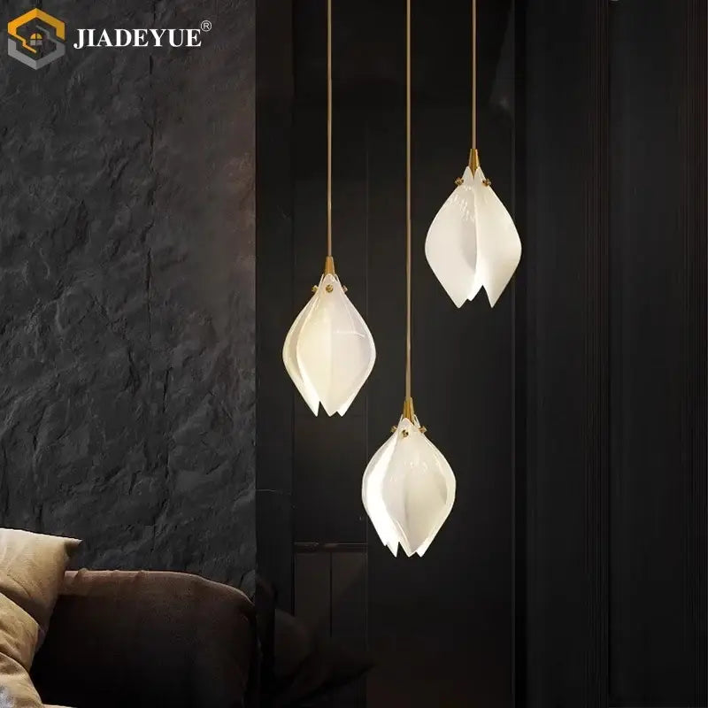 Modern white & gold leaf ceramic led staircase pendant light dining room