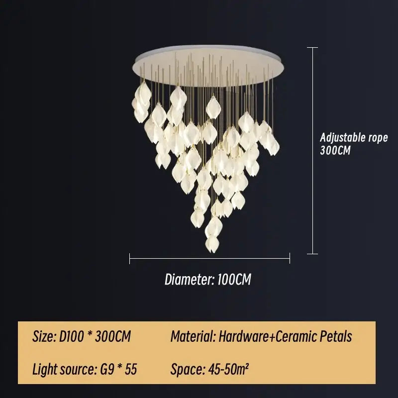 Modern white & gold leaf ceramic led staircase pendant light dining room