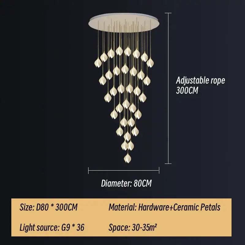 Modern white & gold leaf ceramic led staircase pendant light dining room