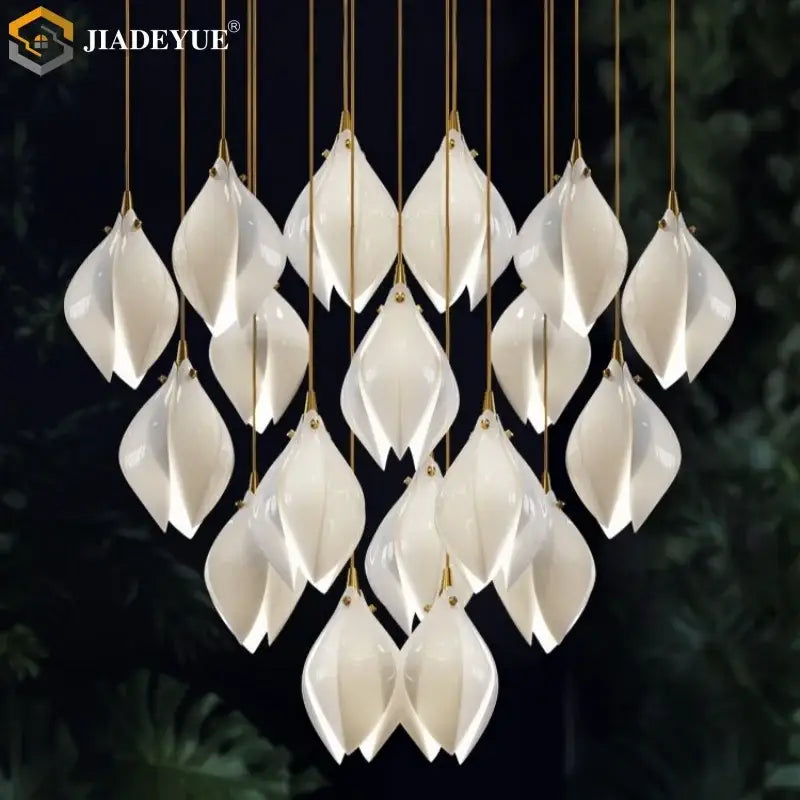 Modern white & gold leaf ceramic led staircase pendant light dining room