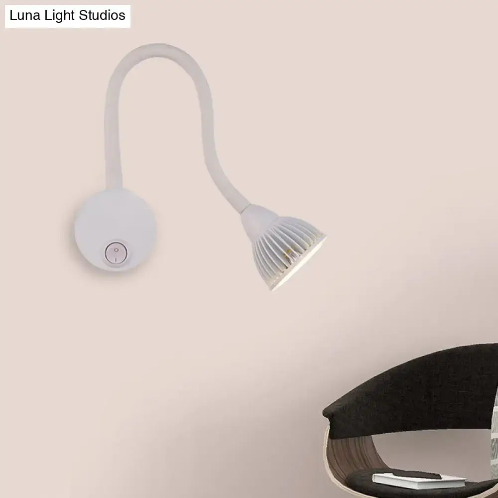 Modern white flexible gooseneck wall sconce light with circular base and ribbed head for direct wired electric reading