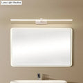 Modern white led wall light with warm white color temperature integrated above a rectangular bathroom mirror frame