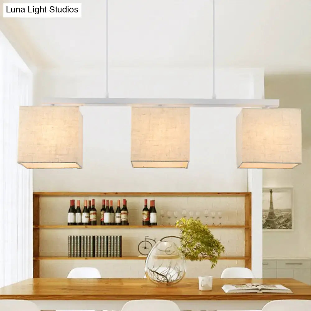 Modern white metal and beige fabric island light fixture for kitchen