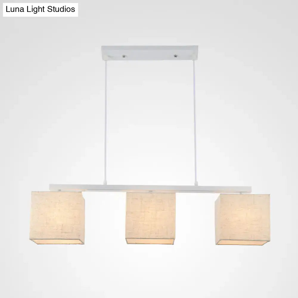Modern white metal and beige fabric island light fixture for kitchen