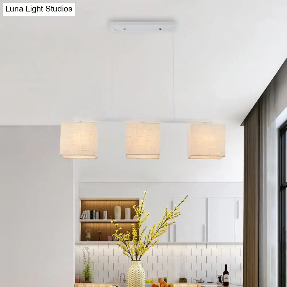 Modern white metal and beige fabric island light fixture for kitchen