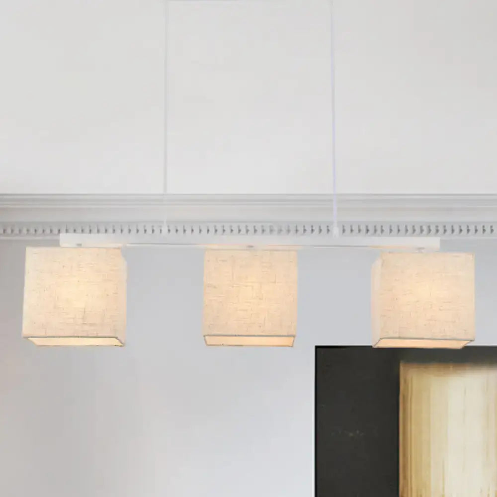 Modern white metal and beige fabric island light fixture for kitchen
