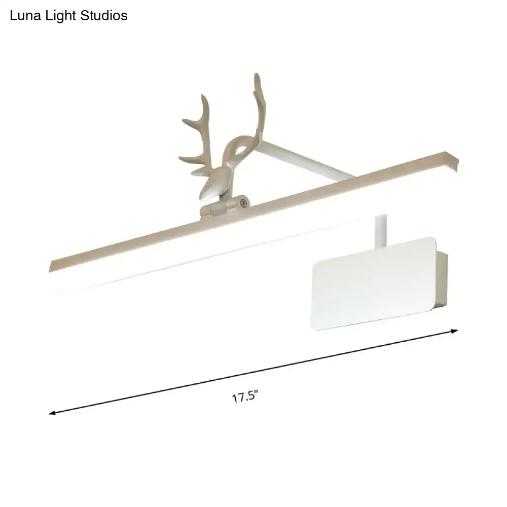 Modern white metal vanity wall lamp with sleek led task light and decorative deer antler mount for bathroom use