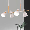 Modern white and wood-toned metal dome shade island chandelier with three adjustable spotlight heads for nordic style lighting