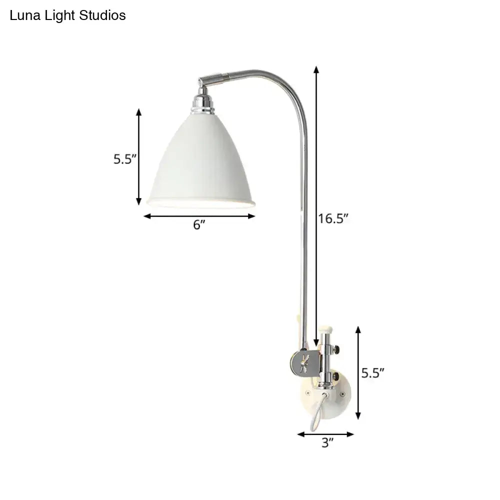 Modern white sconce with chrome arm and metal shade bedroom wall lamp
