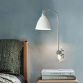 Modern white sconce with chrome arm and metal shade bedroom wall lamp