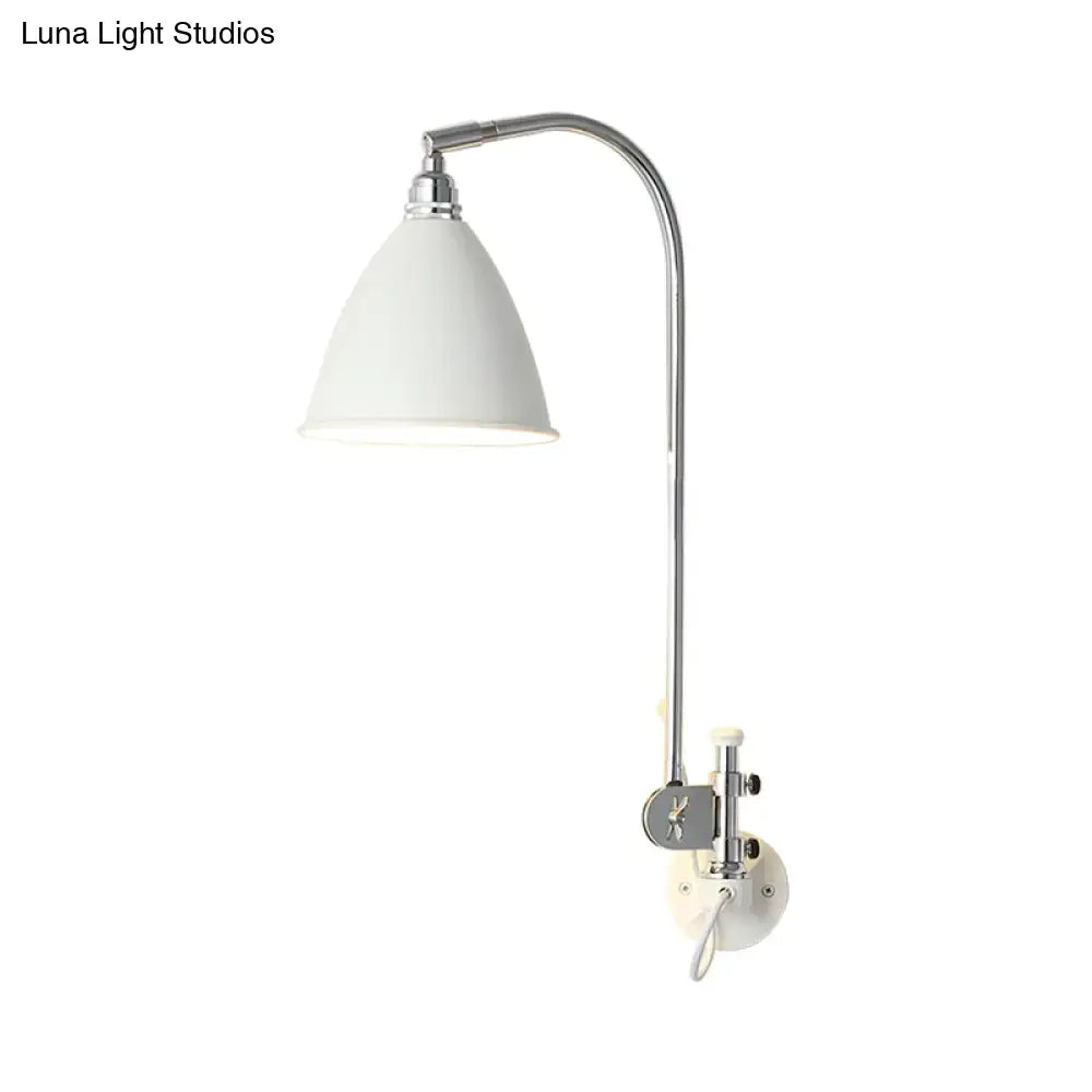 Modern white sconce with chrome arm and metal shade bedroom wall lamp