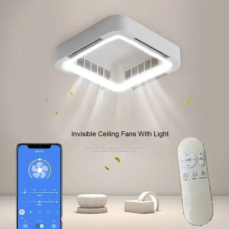 Modern white square bladeless ceiling fan light bedroom led circulator