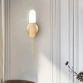 Modern wood and brass led light fixture wall sconce with frosted glass cylinder and light wood base for living room lighting