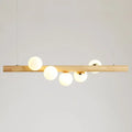 DecorBites™ minimalistic milk glass suspension light with natural wood bar and five frosted globe bulbs for dining room
