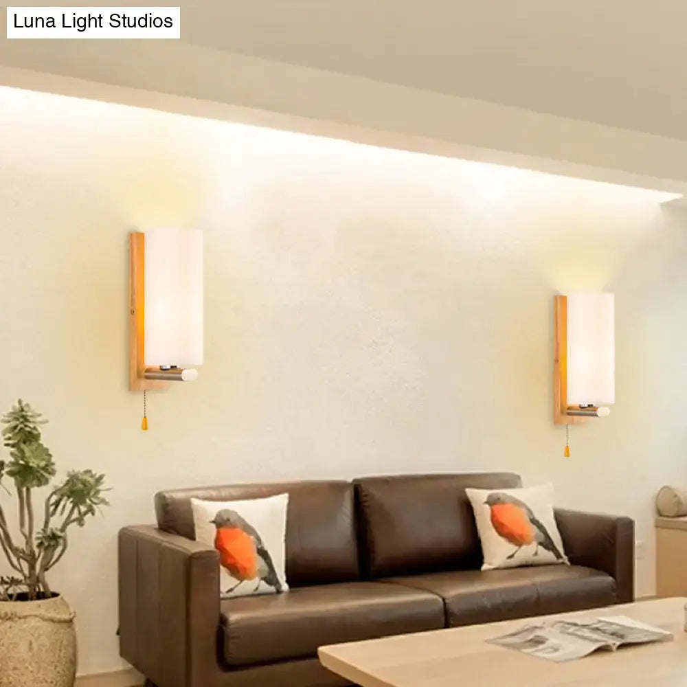 Modern wood and white glass wall sconce bedroom pull chain light