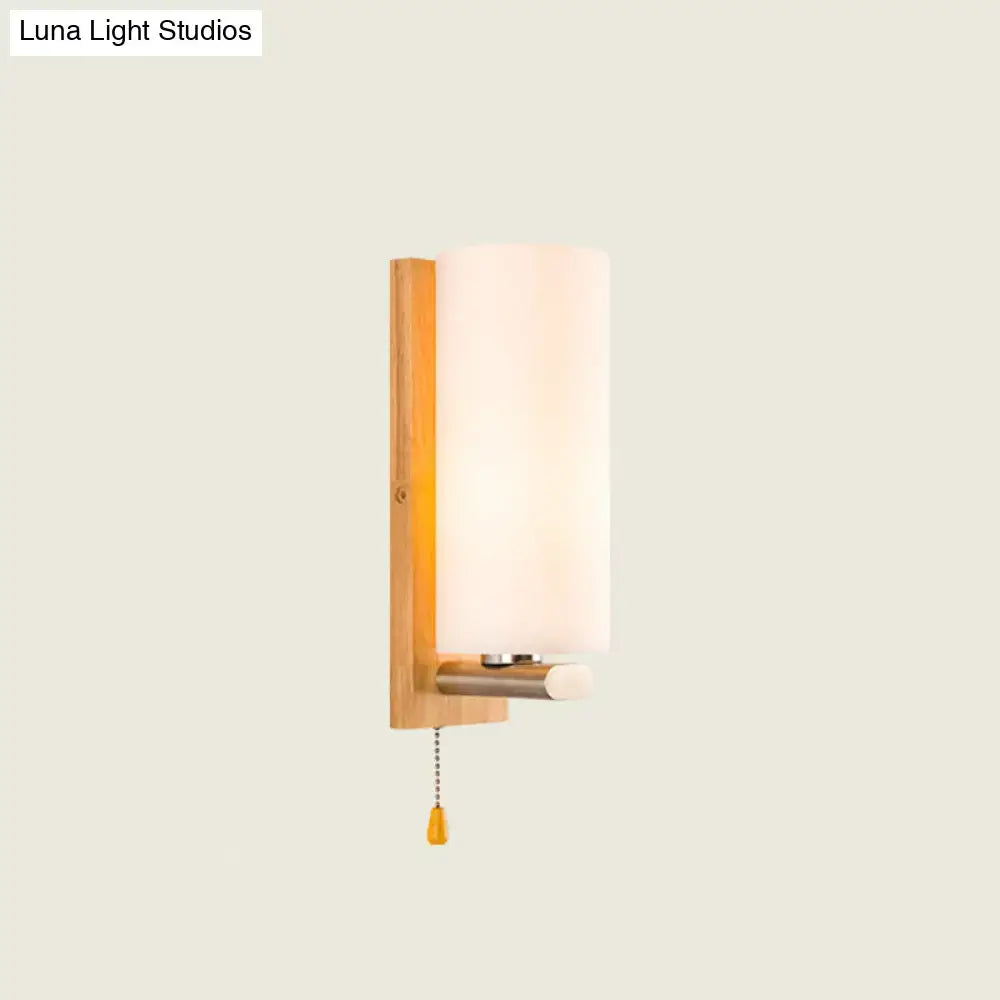 Modern wood and white glass wall sconce bedroom pull chain light