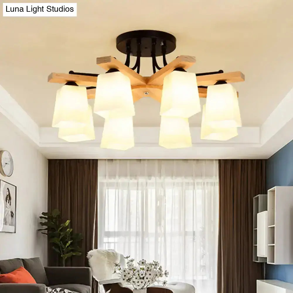 Modern wood & black semi flush mount milk glass shade living room light
