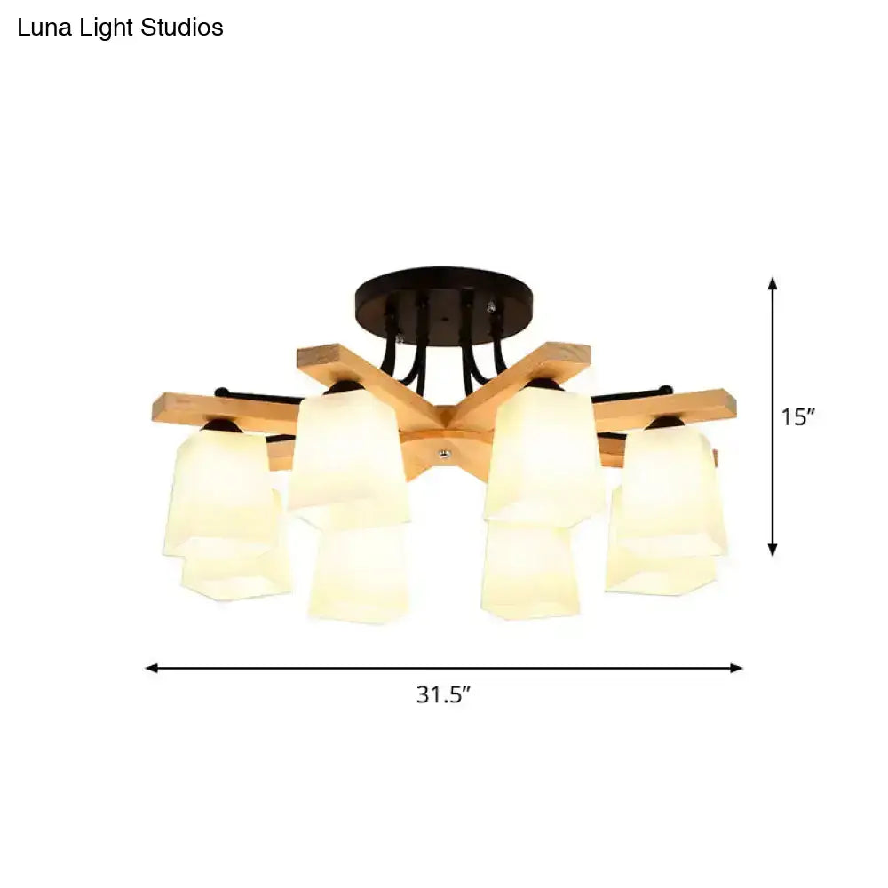 Modern wood & black semi flush mount milk glass shade living room light