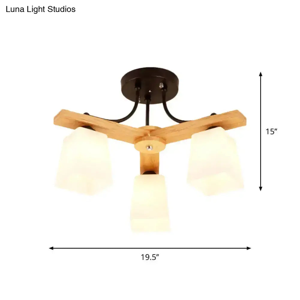 Modern wood & black semi flush mount milk glass shade living room light