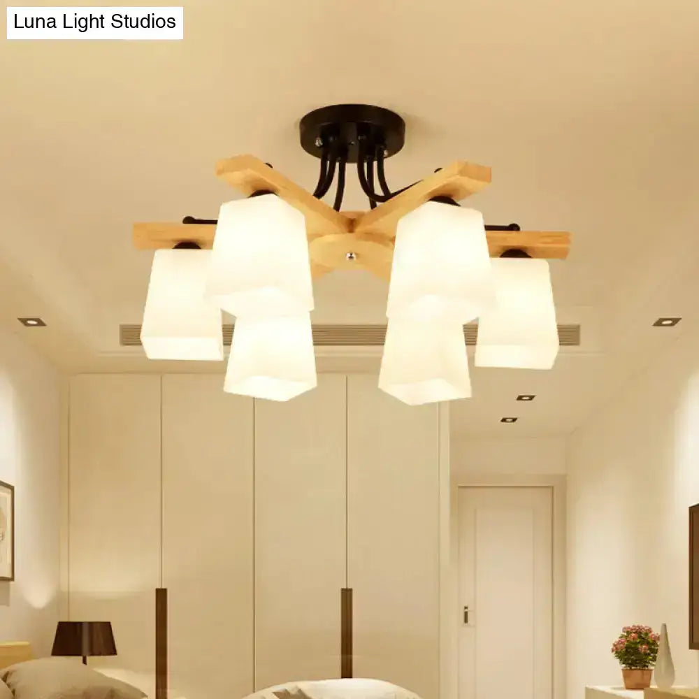 Modern wood & black semi flush mount milk glass shade living room light
