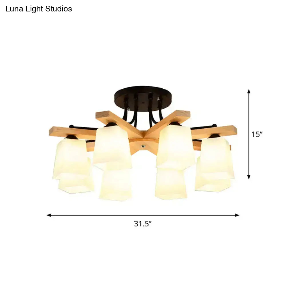 Modern wood & black semi flush mount milk glass shade living room light