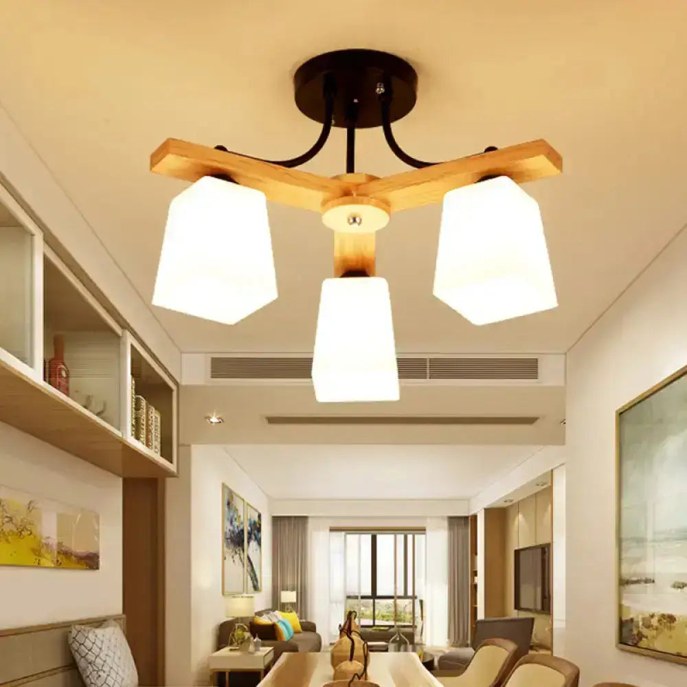 Modern wood & black semi flush mount milk glass shade living room light