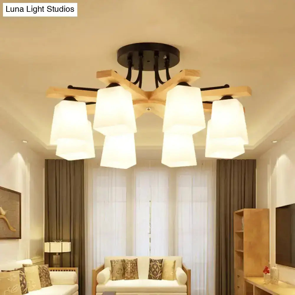 Modern wood & black semi flush mount milk glass shade living room light