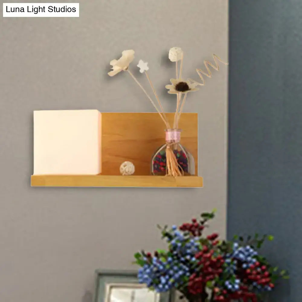 Modern wood floating shelf with beige wall lamp – bedroom sconce light
