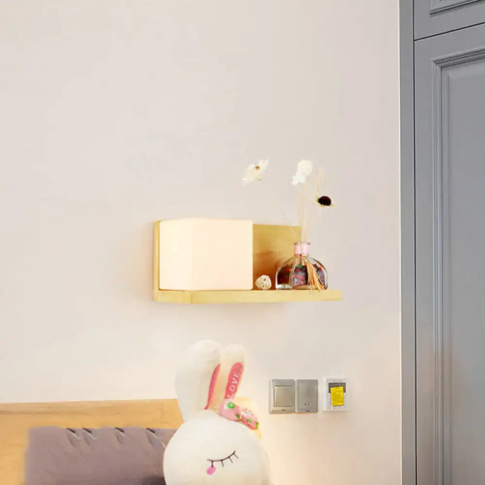 Modern wood floating shelf with beige wall lamp – bedroom sconce light
