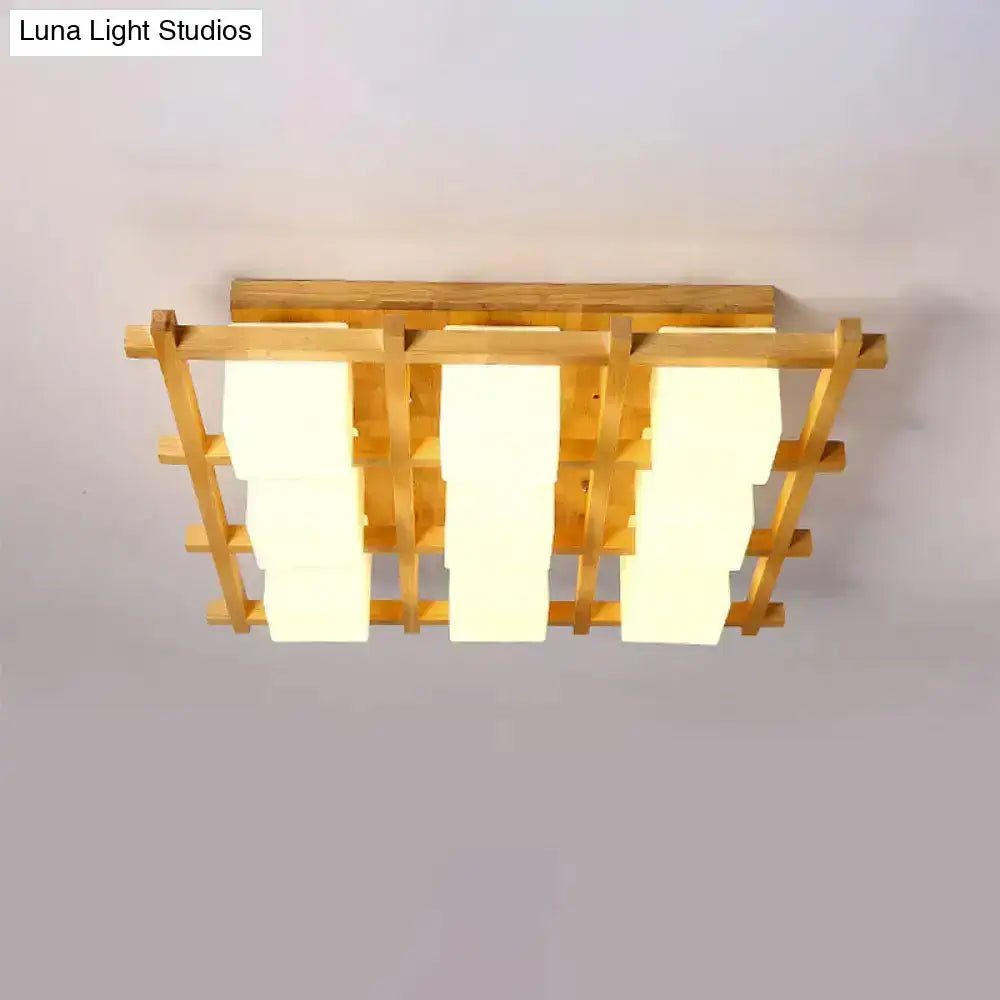 Modern wood grid semi flush mount – living room glass ceiling light