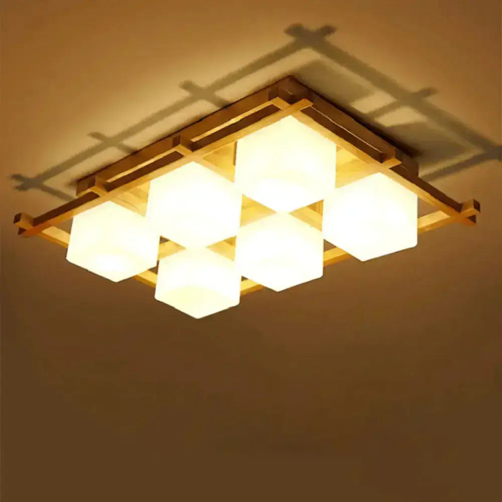 Modern wood grid semi flush mount – living room glass ceiling light