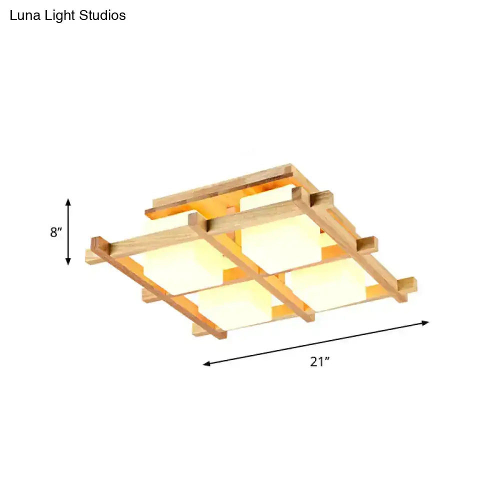 Modern wood grid semi flush mount – living room glass ceiling light