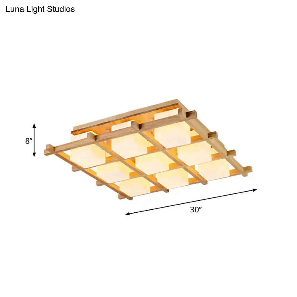 Modern wood grid semi flush mount – living room glass ceiling light