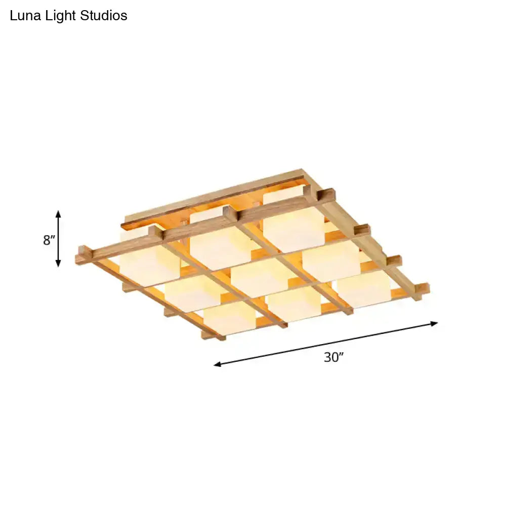 Modern wood grid semi flush mount – living room glass ceiling light