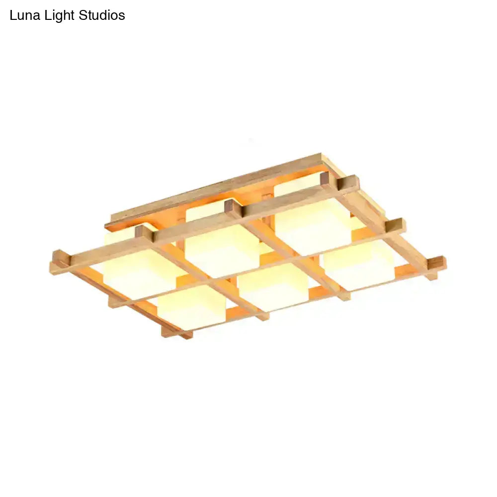 Modern wood grid semi flush mount – living room glass ceiling light