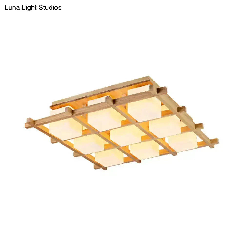 Modern wood grid semi flush mount – living room glass ceiling light