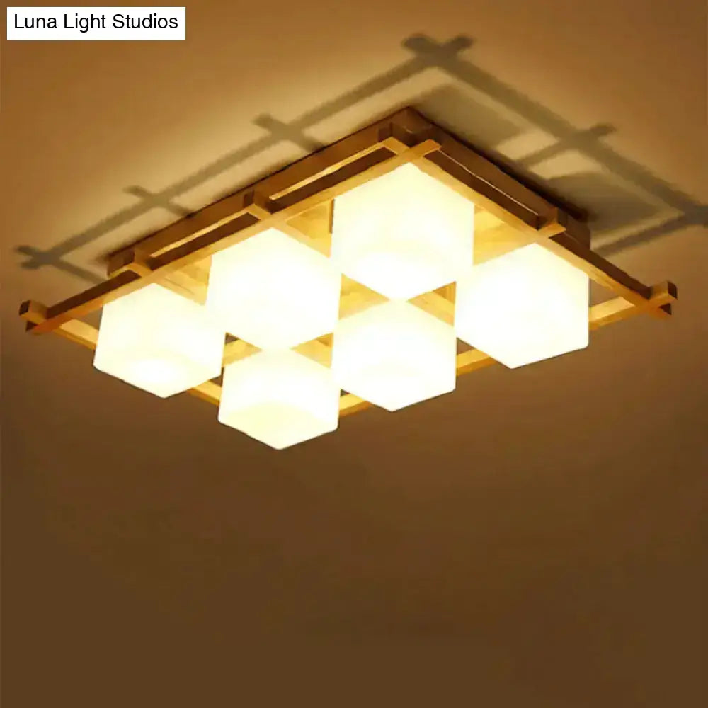Modern wood grid semi flush mount – living room glass ceiling light