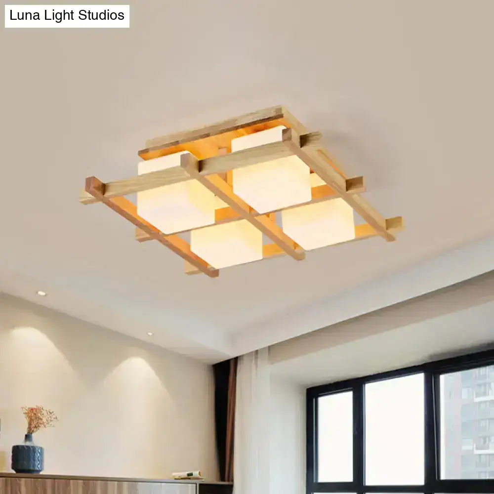 Modern wood grid semi flush mount – living room glass ceiling light