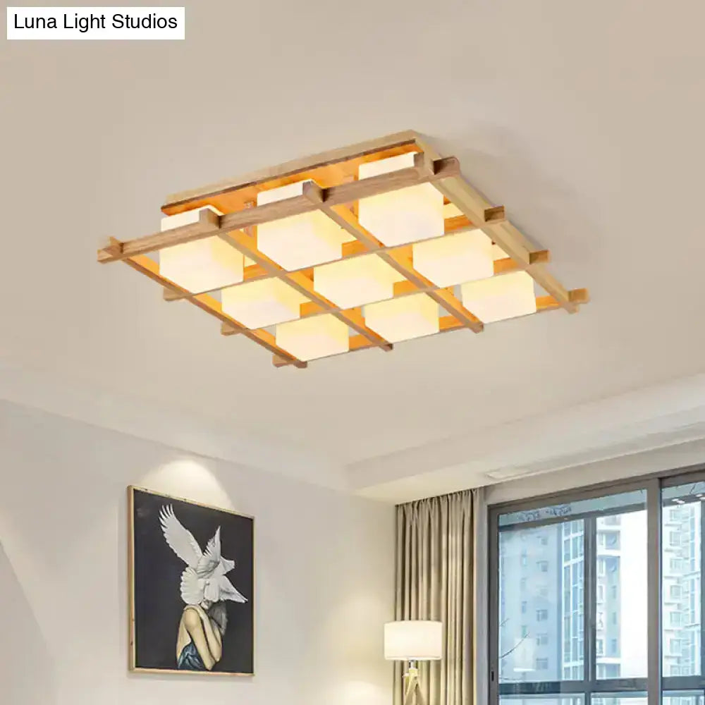Modern wood grid semi flush mount – living room glass ceiling light