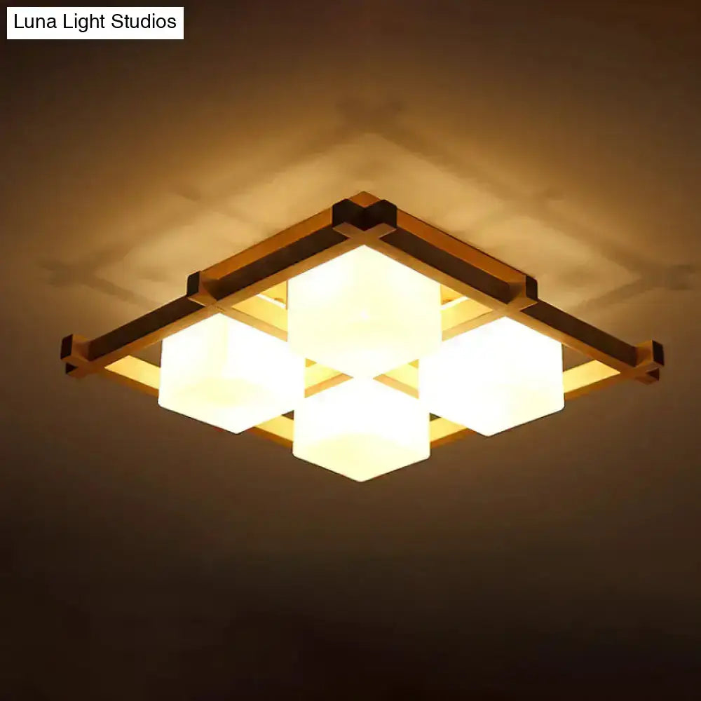 Modern wood grid semi flush mount – living room glass ceiling light