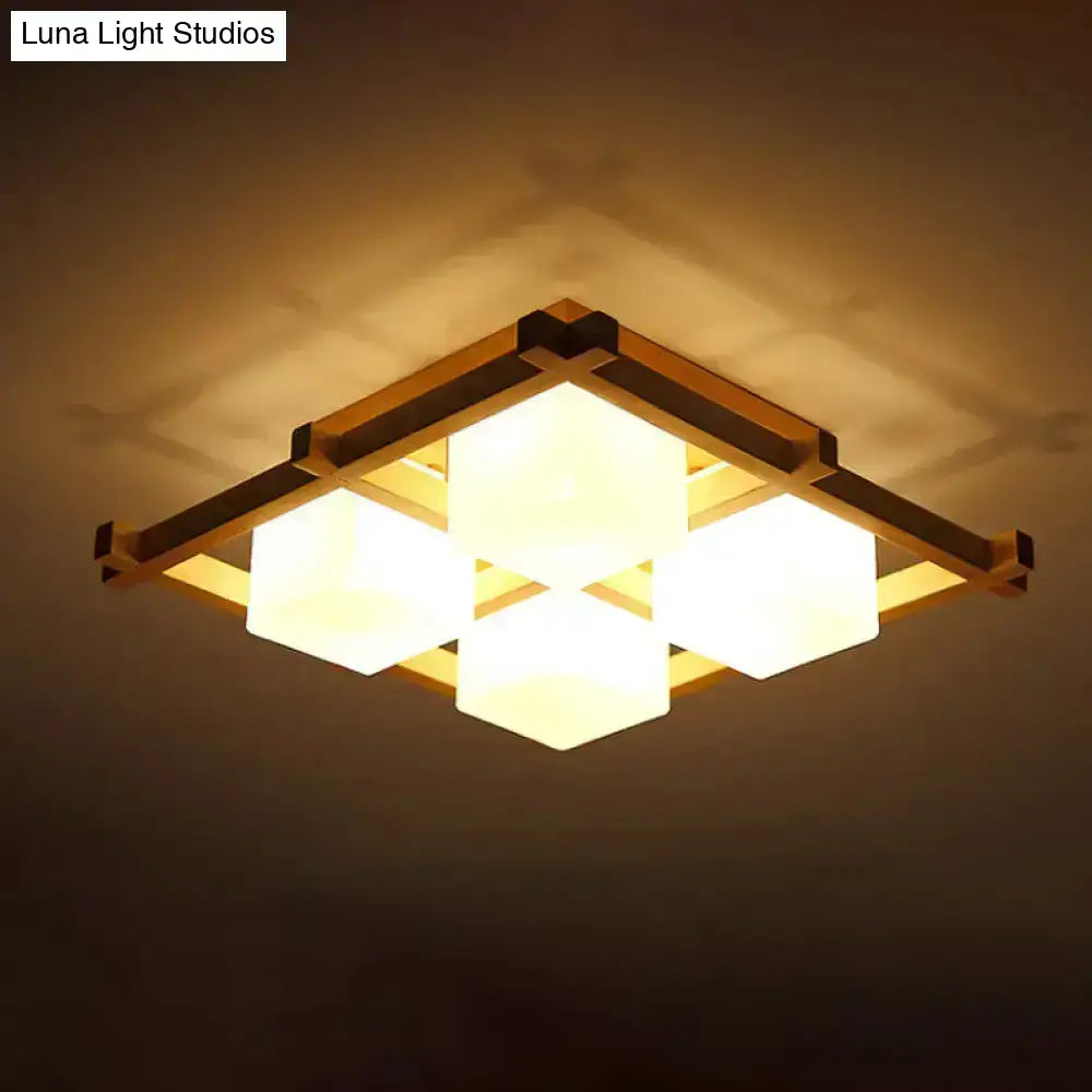 Modern wood grid semi flush mount – living room glass ceiling light
