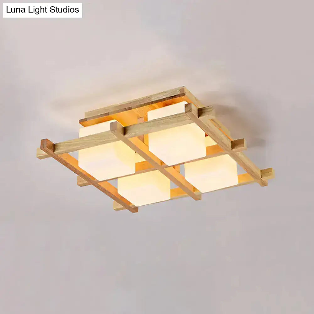 Modern wood grid semi flush mount – living room glass ceiling light